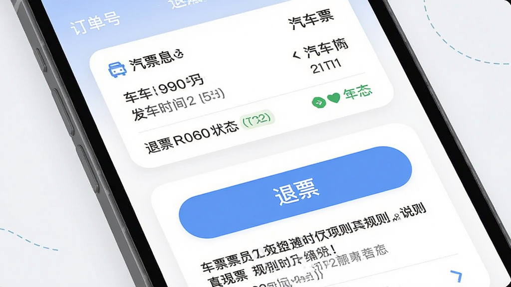 主体为手机界面展示订单详情与退票操作页面,布局为卡片式信息展示,上方为车票信息,下方为退票按钮与规则说明,风格为柔和圆角设计,细节包括订单号、发车时间、退票状态标识,画质高清干净,图片中文字标注“汽车票”