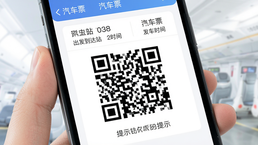主体为手机屏幕展示汽车票应用检票二维码页面,布局为居中大图二维码,上方为班次信息,下方为提示文字,风格为简洁明亮移动端设计,细节包括二维码图案、出发到达站名、发车时间,画质高清干净无多余元素,图片中文字标注“汽车票”