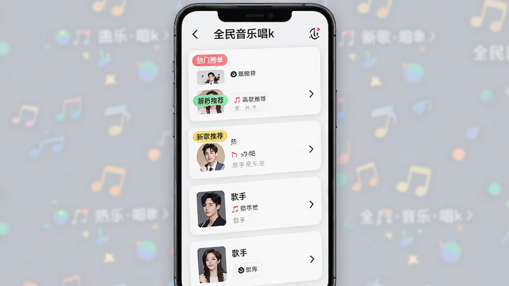 全民音乐唱k曲库界面,手机屏幕中展示多个歌曲分类卡片,排版为竖向滚动列表,风格为浅色主题搭配彩色标签,细节包括热门榜单、新歌推荐、歌手头像,画质清晰干净无多余元素,画面中文字显示
