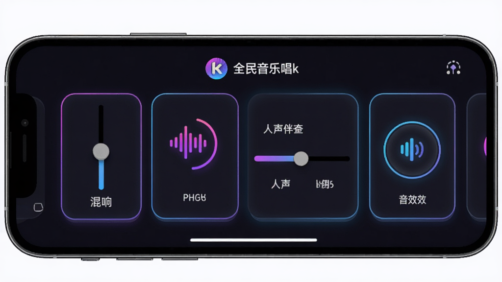 全民音乐唱k音效调节面板,手机屏幕展示多个音效模式图标,排版为横向滑动卡片,风格为深色主题搭配霓虹光效,细节包括混响滑块、人声伴奏比例条、音效预览按钮,画质高清干净无多余元素,画面中文字显示