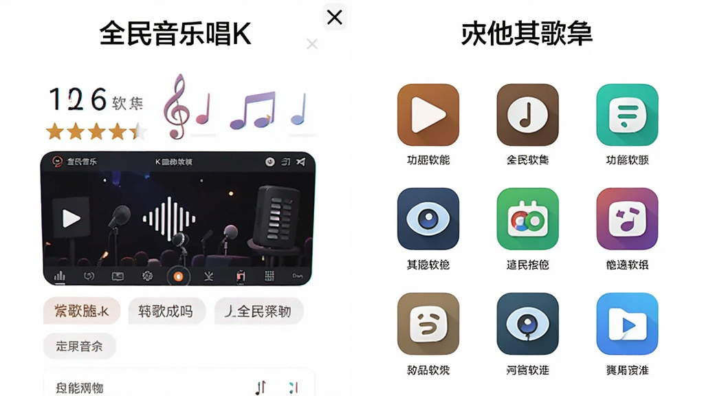 全民音乐唱k与其他K歌软件对比图,画面布局为左右分栏,左侧展示全民音乐唱k界面,右侧展示其他软件图标,排版整齐,风格为简洁对比信息图,细节包括评分星级、功能标签,画质高清干净无多余元素