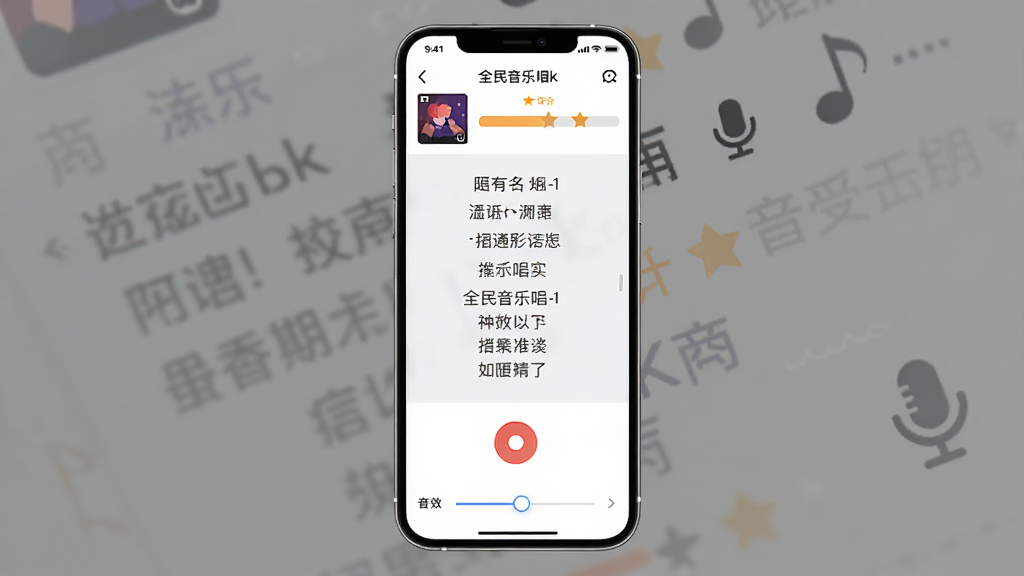 主体是一个手机屏幕,屏幕上显示全民音乐唱k的K歌界面,布局为中间是歌词滚动区域,下方是录音按钮和音效调节滑块,排版简洁清晰,风格为现代扁平化UI设计,细节包括歌曲封面、评分条、麦克风图标,画质高清干净无多余元素