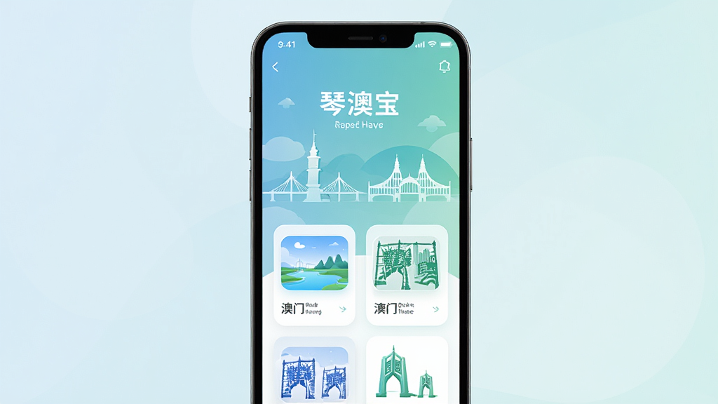 画面主体是一部智能手机,屏幕中显示着琴澳宝应用的首页界面,界面上有横琴与澳门的地标建筑剪影元素,布局采用居中对称排版,风格为现代扁平化科技感,细节包括柔和的蓝绿色渐变背景、清晰的图标与卡片式布局,画质为高清4K,干净无多余元素