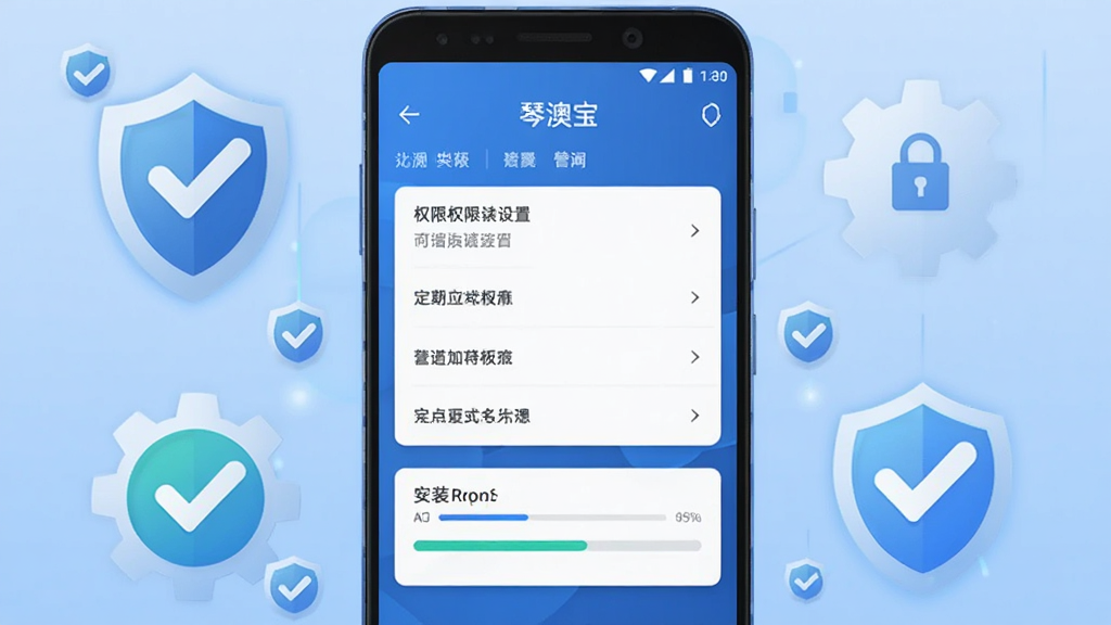 画面主体是一部安卓手机屏幕,显示琴澳宝应用的权限设置界面与安装进度条,布局为手机居中,周围环绕着盾牌、齿轮、勾选标记等安全图标,风格为科技安全主题插画,细节包括清晰的设置选项文字与柔和的蓝光效果,画质高清,干净无多余元素