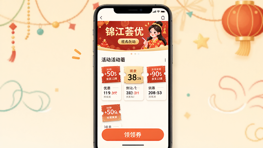 锦江荟优惠活动页面展示,主体为手机屏幕中的促销活动列表,布局为顶部横幅广告中间活动卡片下方领券按钮,排版活泼有序,风格为节日促销暖色调设计,细节包括折扣标签优惠券图标倒计时数字活动说明文字,画质明亮干净无杂乱元素
