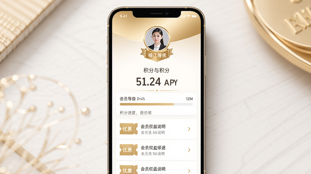 锦江荟会员中心积分页面展示,主体为手机屏幕中的会员等级与积分信息,布局为上方头像与等级徽章中间积分数字下方权益列表,排版层次分明,风格为轻奢金色调商务风格,细节包括积分进度条优惠券图标会员权益说明文字,画质高清干净无多余装饰