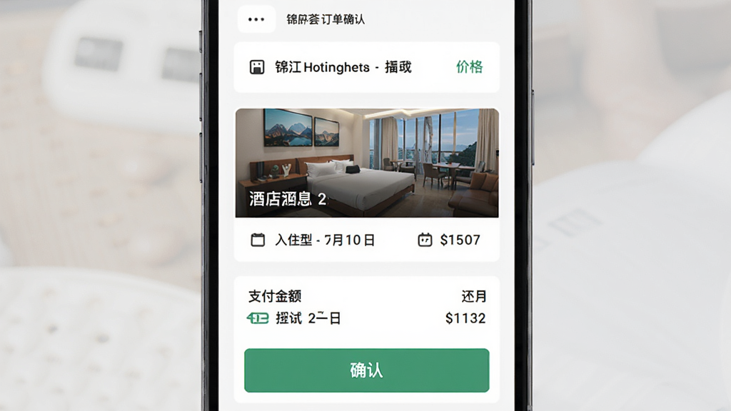 锦江荟订单确认页面展示,主体为手机屏幕中的预订成功界面,布局为上方订单号中间酒店信息与入住日期下方支付金额与确认按钮,排版清晰直观,风格为现代简约移动端设计,细节包括酒店名称房型日期价格支付方式图标,画质干净整洁无多余元素
