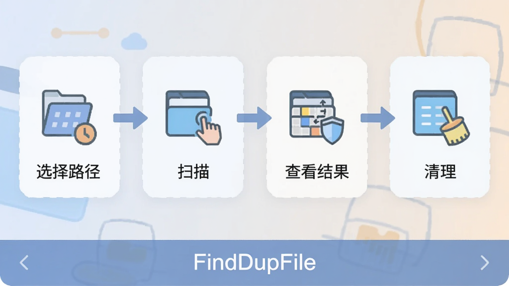 FindDupFile操作流程示意图,画面从左到右依次展示