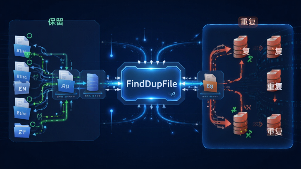 FindDupFile智能扫描引擎工作示意图,画面展示文件数据流经过比对模块后分类为