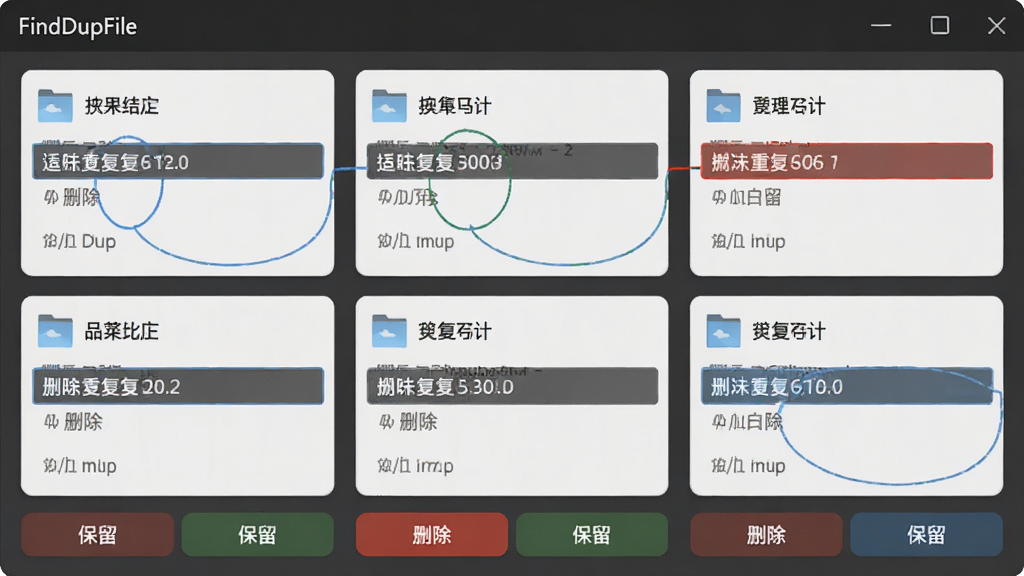 FindDupFile扫描结果分组展示界面,画面中多个文件组以卡片形式排列,每组内高亮标注重复项,底部有