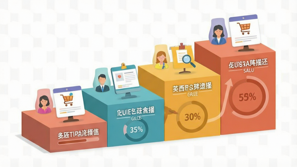 一张展示六台阶销售流程的示意图,画面主体为六个阶梯状排列的台阶,每个台阶上标注不同销售阶段名称,布局从左下到右上依次递进,风格为扁平化信息图设计,细节包括台阶上的图标、百分比进度、客户卡片,画质高清,干净,无多余元素