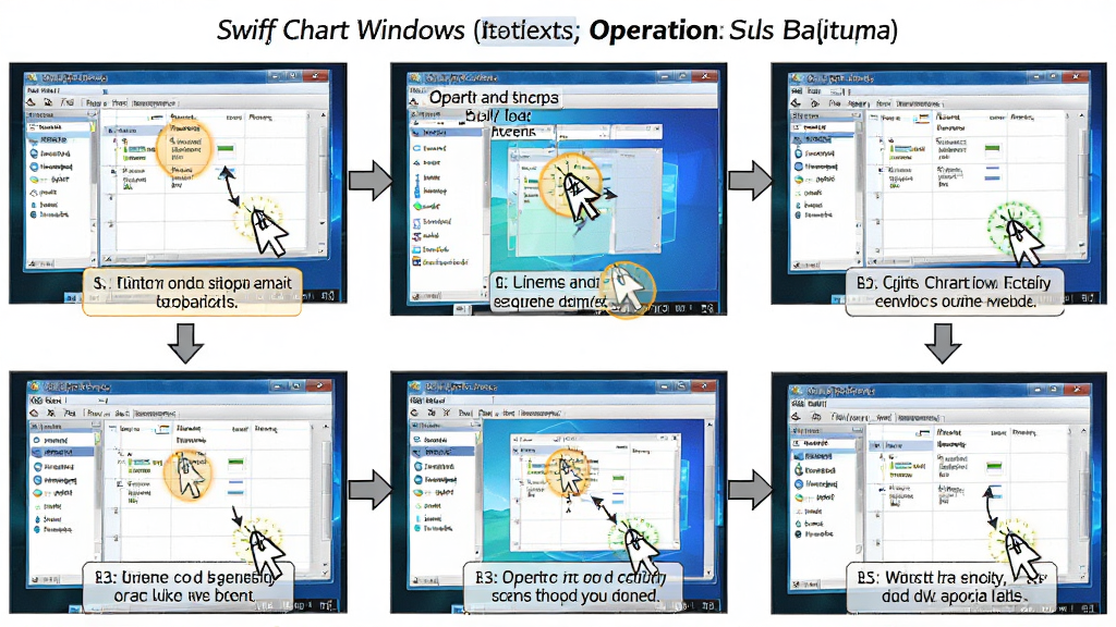 一张展示Swiff Chart在Windows电脑上运行时的操作流程图,主体为软件界面与操作步骤标注,布局为分步截图排列,排版清晰有序,风格为教学指导风格,细节包括鼠标点击高亮、箭头指示、文字说明框,画质高清,干净,无多余元素