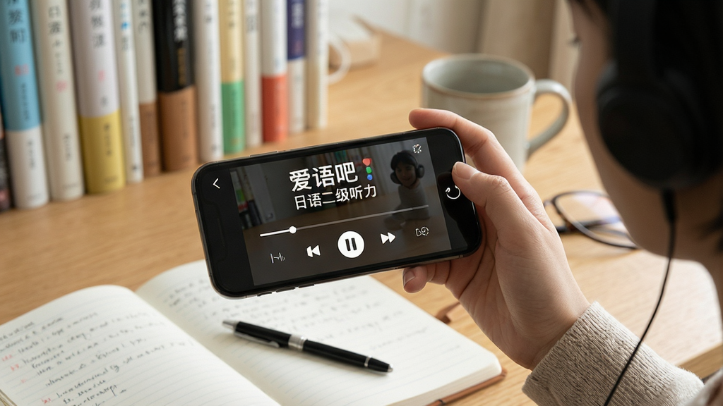 爱语吧日语二级听力移动端使用场景,手机横屏显示听力播放界面,用户佩戴耳机,背景为书桌和笔记本,风格写实,细节丰富,画质清晰,无多余元素