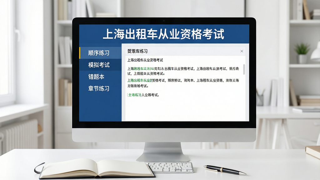 一张展示上海出租车从业资格考试软件主界面的图片,画面中央是电脑屏幕,屏幕上显示题库练习界面,界面顶部有“上海出租车从业资格考试”标题文字,左侧为功能导航栏包含顺序练习、模拟考试、错题本、章节练习等选项,右侧为题目展示区域,屏幕前方摆放着一本打开的笔记本和一支笔,桌面干净整洁,背景是明亮的书房环境,整体风格清爽商务,画质清晰,无多余元素