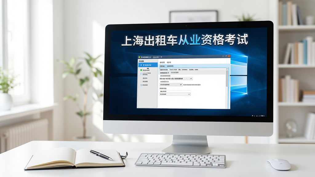 一张展示上海出租车从业资格考试软件在Windows电脑上运行的图片,画面中电脑屏幕显示模拟考试成绩报告页面,屏幕上方有“上海出租车从业资格考试”文字标识,屏幕旁边放着一本翻开的笔记本和一支笔,桌面干净整洁,背景是明亮的书房,整体风格商务学习风,画质清晰,无多余元素