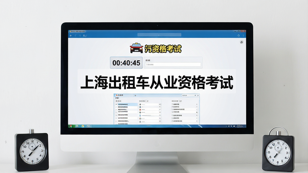 一张展示上海出租车从业资格考试软件模拟考试界面的图片,画面中电脑屏幕显示考试倒计时和答题卡,屏幕中央有“上海出租车从业资格考试”文字标识,屏幕旁边放着一个计时器,背景是简洁的白色墙面,整体风格严肃正式,画质清晰,没有多余装饰