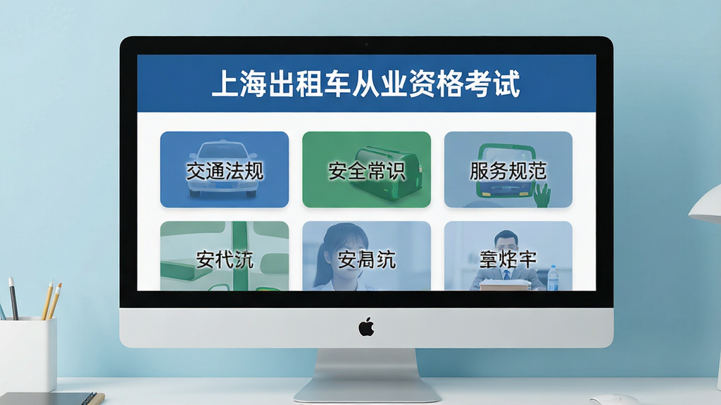 一张展示上海出租车从业资格考试软件章节练习界面的图片,画面中电脑显示器显示多个章节模块卡片,卡片上有“交通法规”“安全常识”“服务规范”等文字,屏幕顶部有“上海出租车从业资格考试”标题,桌面整洁,背景为浅蓝色墙面,整体风格清新素雅,画质清晰,没有多余装饰