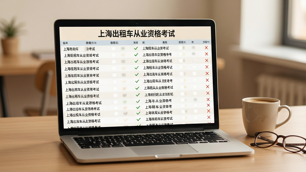一张展示上海出租车从业资格考试软件题库界面的图片,画面主体是一台笔记本电脑,屏幕上显示大量题目列表,题目旁边有对勾和叉号标记,屏幕上方有“上海出租车从业资格考试”文字,桌面旁边放置一杯咖啡和一副眼镜,整体色调温暖舒适,风格简约现代,画质高清,干净无杂物