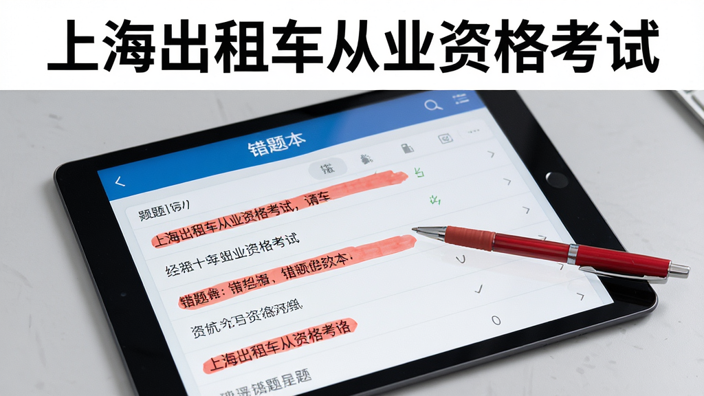 一张展示上海出租车从业资格考试软件错题本功能的图片,画面中平板电脑屏幕上显示错题列表和红色标记,屏幕上方有“上海出租车从业资格考试”文字,旁边有一支红色圆珠笔指向屏幕,背景是浅灰色桌面,整体风格简洁明快,画质高清,无多余元素