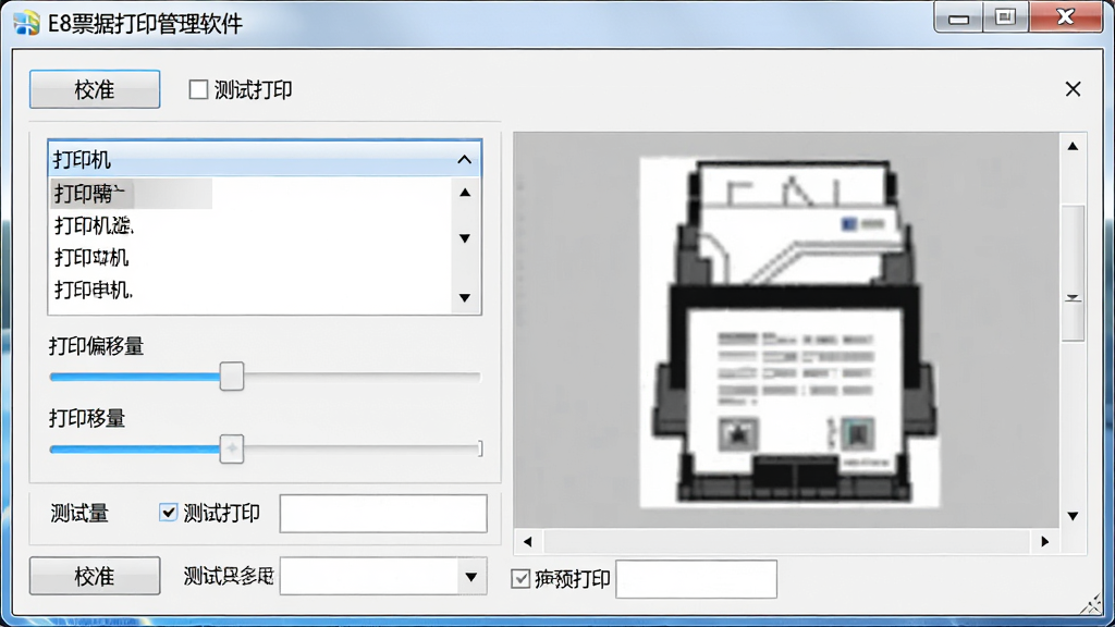 一张展示E8票据打印管理软件打印机适配设置界面的截图,画面中软件窗口内显示打印机选择下拉菜单和打印偏移量调节滑块,旁边有打印预览效果图,窗口标题栏显示“E8票据打印管理软件”,整体风格为技术型办公软件界面,细节包含校准按钮、测试打印选项和参数输入框,画质清晰,干净,无多余元素