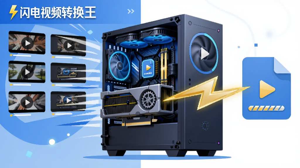 画面主体为一台运行中的电脑主机与显卡,从中射出一道金色闪电连接右侧的视频文件图标,左侧为多个待转换视频缩略图,布局采用左右对比式构图,风格为科技感扁平插画,细节包含速度线、齿轮、进度条与“闪电视频转换王”软件名称文字,画质清晰干净,无多余元素