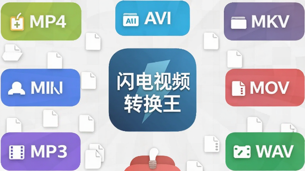 画面中央为“闪电视频转换王”软件图标,四周环绕MP4、AVI、MKV、MOV、MP3、WAV等格式标签,标签以彩色圆角卡片形式排列,背景为淡灰色网格,布局采用中心辐射式构图,风格为简约图标设计,细节包含格式文字与小型文件图标,画质清晰干净,无多余元素
