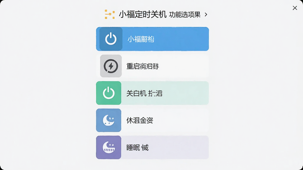 小福定时关机 功能选项面板 主体为多功能电源管理菜单 布局为纵向列表 排版整齐 风格为扁平化设计 细节展示关机重启休眠睡眠图标 画质清晰 干净 无多余元素