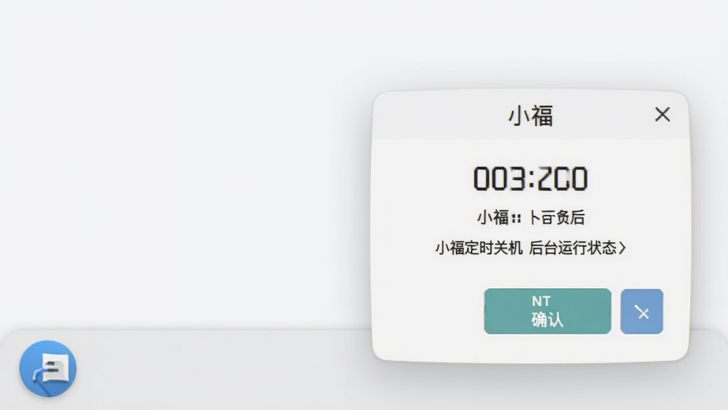 小福定时关机 后台运行状态 主体为系统托盘图标与提醒弹窗 布局为右下角悬浮 排版简洁 风格为现代轻量风 细节包含倒计时数字与确认按钮 画质高清 干净 无多余元素