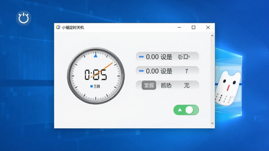 小福定时关机 电脑桌面软件界面 主体展示软件主窗口 布局为居中放置 排版清晰 风格为简约科技风 细节包含时间设定表盘与开关按钮 画质高清 干净 无多余元素