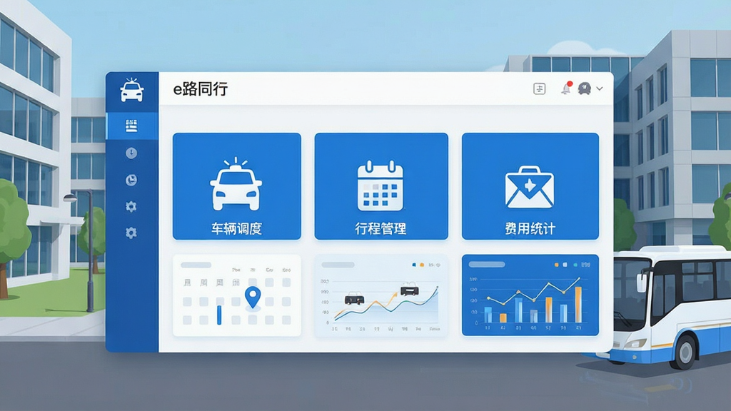 一张展示e路同行软件核心功能的整体界面图,画面中央是软件主界面,包含车辆调度、行程管理、费用统计三大模块图标,界面以蓝白配色为主,布局清晰简洁,背景是现代化企业园区和通勤班车,风格为扁平化科技感,细节包括车辆图标、日历标记、数据图表,画质高清,干净,无多余元素