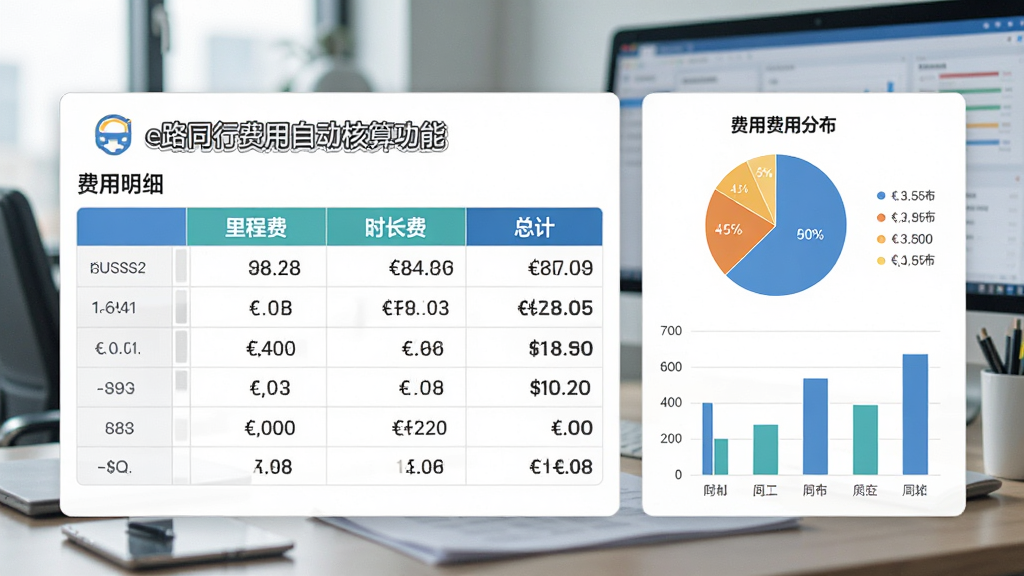 一张展示e路同行费用自动核算功能的界面图,画面中央是费用明细表格,包含里程费、时长费、总计等栏目,旁边有饼状图和柱状图展示费用分布,背景是财务办公场景,风格为数据可视化商务风格,细节包括数字、货币符号、图表,画质高清,干净,无多余元素