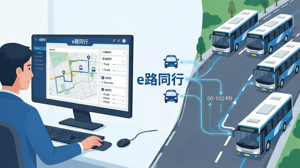 一张展示e路同行智能车辆调度功能的场景图,画面左侧是管理员在电脑前操作调度后台,右侧是多辆通勤班车按照系统规划的路线行驶,画面中央有数据连接线表示智能匹配过程,界面中显示“e路同行”文字标识,风格为商务科技插画,细节包括路线图、车辆图标、时间轴,画质高清,干净,无多余元素