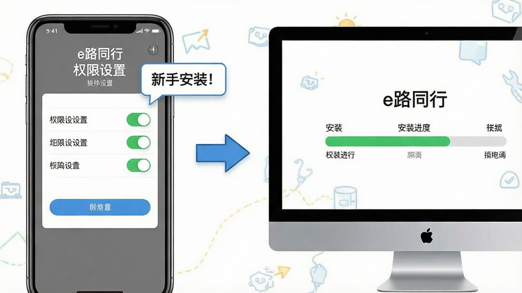 一张展示e路同行新手安装与设置流程的示意图,画面分为手机端和电脑端两个部分,左侧手机显示权限设置界面,右侧电脑显示安装进度条,中间有箭头连接表示操作步骤,界面中包含“e路同行”文字,风格为教程图解风格,细节包括设置开关、进度条、提示气泡,画质高清,干净,无多余元素