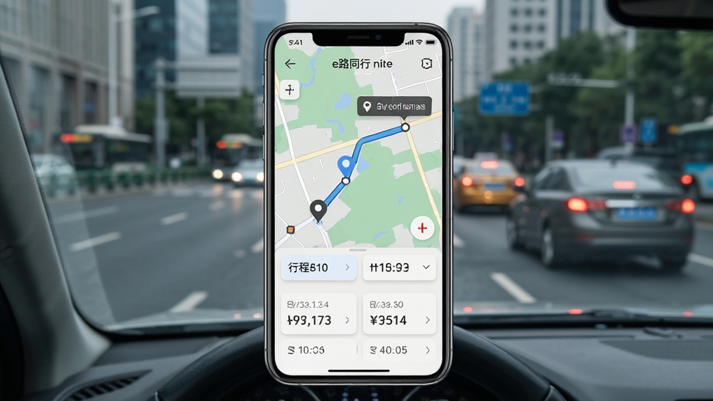 一张展示e路同行行程实时记录功能的界面图,画面中手机屏幕显示行程轨迹地图,标注起点终点和行驶路线,屏幕下方有行程时间、里程数据列表,背景是城市道路和车辆,风格为移动端UI展示风格,细节包括地图标记、数据卡片、时间戳,画质高清,干净,无多余元素