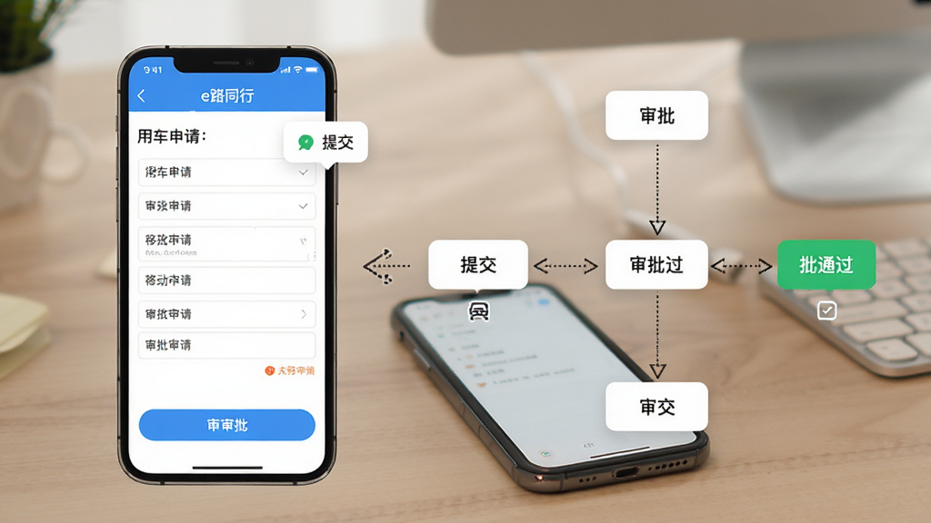 一张展示e路同行移动审批流程的界面图,画面中手机屏幕显示用车申请表单和审批按钮,旁边有审批流程图,从提交到审批通过用箭头连接,背景是办公桌和手机,风格为移动办公UI风格,细节包括表单字段、审批状态图标、通知气泡,画质高清,干净,无多余元素