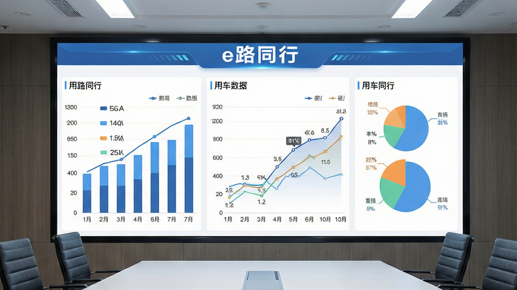 一张展示e路同行数据统计报表功能的界面图,画面中央是大型数据看板,包含柱状图、折线图、饼图展示用车数据,看板标题有“e路同行”文字,背景是会议室大屏幕,风格为数据可视化大屏风格,细节包括图表、数据标签、趋势线,画质高清,干净,无多余元素