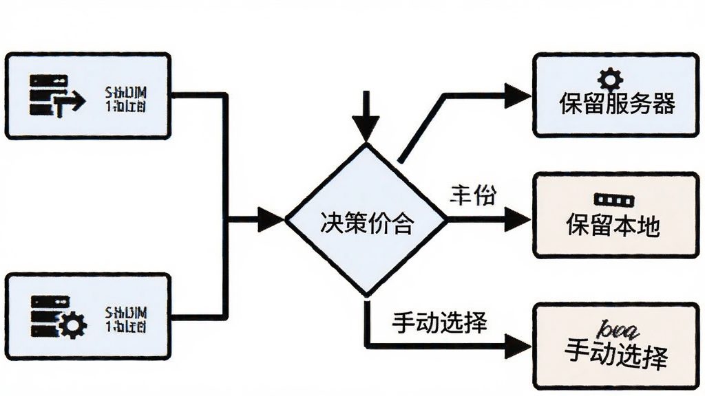 冲突处理流程图,画面以流程图形式展示两个数据分支汇合到一个决策菱形,菱形分出三条路径分别标注保留服务器、保留本地、手动选择,背景为白色简洁风格,细节包括清晰的箭头和图标,画质清晰,干净,无多余元素