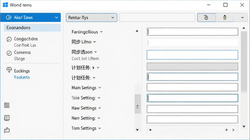 电脑端Outlook插件设置界面截图,画面展示一个典型的Windows软件窗口,左侧为导航菜单包含账户管理、同步选项、计划任务、高级设置,右侧为详细参数面板,风格简洁专业,细节包括清晰的按钮和输入框,画质清晰,干净,无多余元素