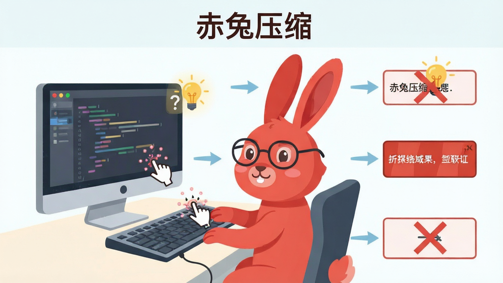 赤兔压缩新手操作流程图解,主体为一只戴着眼镜的红色兔子坐在电脑前,布局为分步图示,排版采用从上到下、从左到右的阅读顺序,风格为清新扁平插画风,细节包含鼠标点击特效、问号与灯泡图标、错误提示框打叉,画质4K,画面干净无多余元素,图片中文字为“赤兔压缩”。