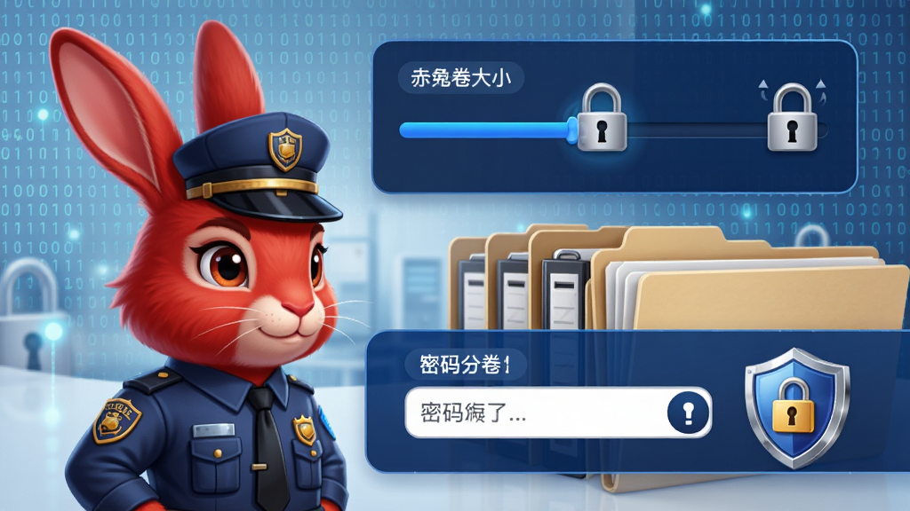 赤兔压缩智能分卷与加密功能展示,主体为一只穿着保安制服的红色兔子守护着一排带锁的文件夹,布局采用上下结构,上方是分卷大小滑块调节界面,下方是密码输入框与盾牌图标,排版简洁明了,风格为商务安全风,细节包含二进制代码背景、锁扣开合动画感,画质4K,画面干净无多余元素。