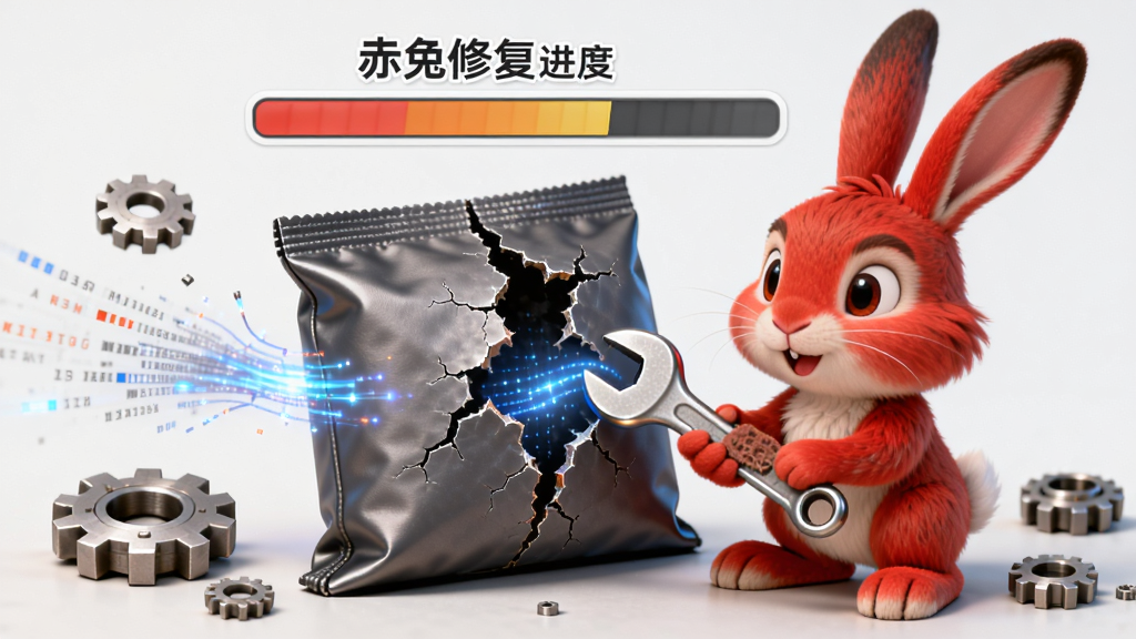 赤兔压缩损坏包修复功能示意图,主体为一只拿着扳手的红色兔子正在修复一个裂开的压缩包,布局为居中特写,排版突出修复进度条,风格为卡通写实混合风,细节包含散落的齿轮零件、数据流光,画质4K,画面干净无多余元素。