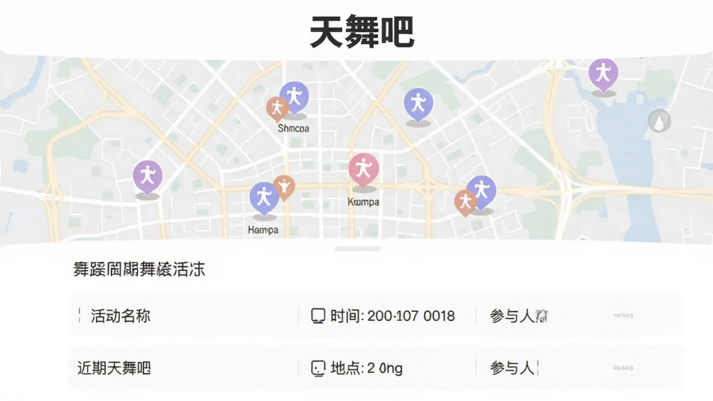 天舞吧同城活动页面示意图,画面以城市地图为背景,地图上标注了多个活动地点图标,下方列表展示近期舞蹈活动信息,包括活动名称、时间、地点、参与人数,顶部有
