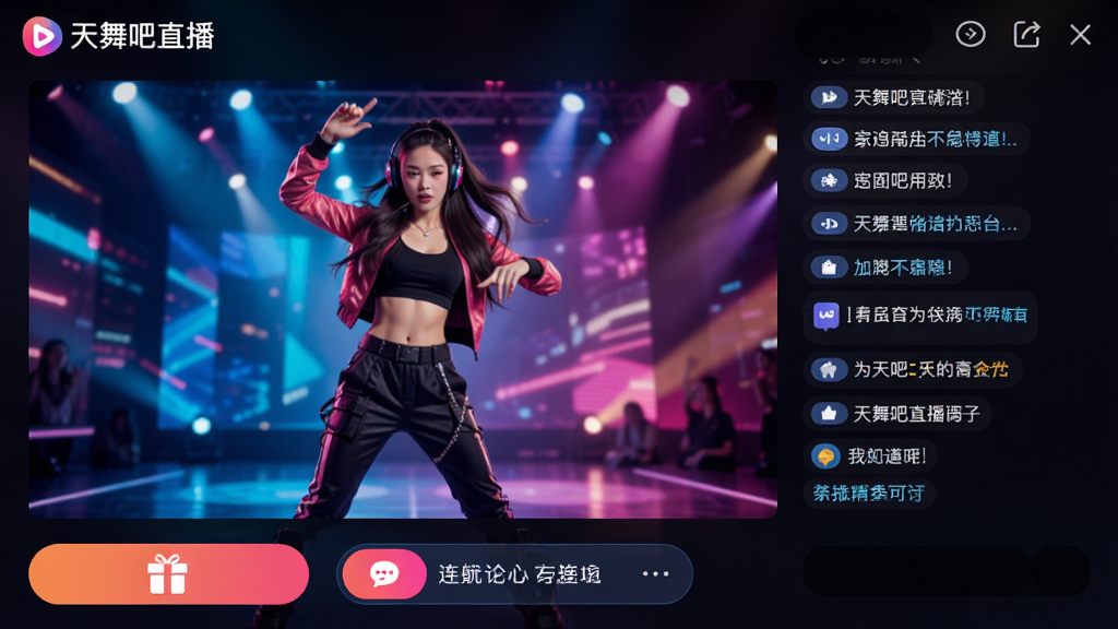 天舞吧直播功能界面示意图,画面中央是主播跳舞的视频画面,右侧是弹幕聊天区,底部有礼物按钮和连麦按钮,左上角显示
