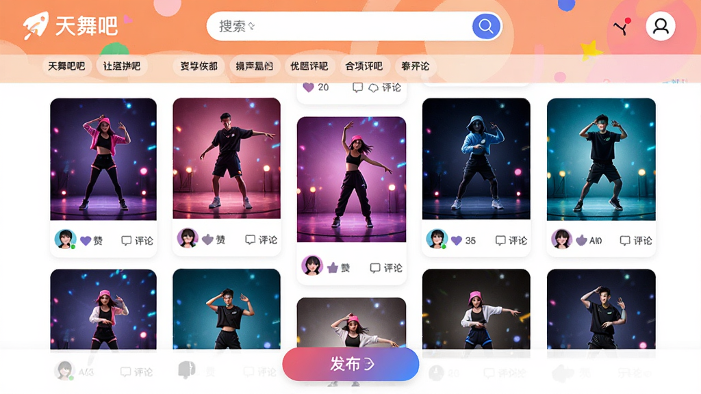 天舞吧社区互动界面示意图,画面展示多个用户作品卡片以瀑布流形式排列,每个卡片包含舞蹈封面图、用户头像、点赞数和评论数,顶部有