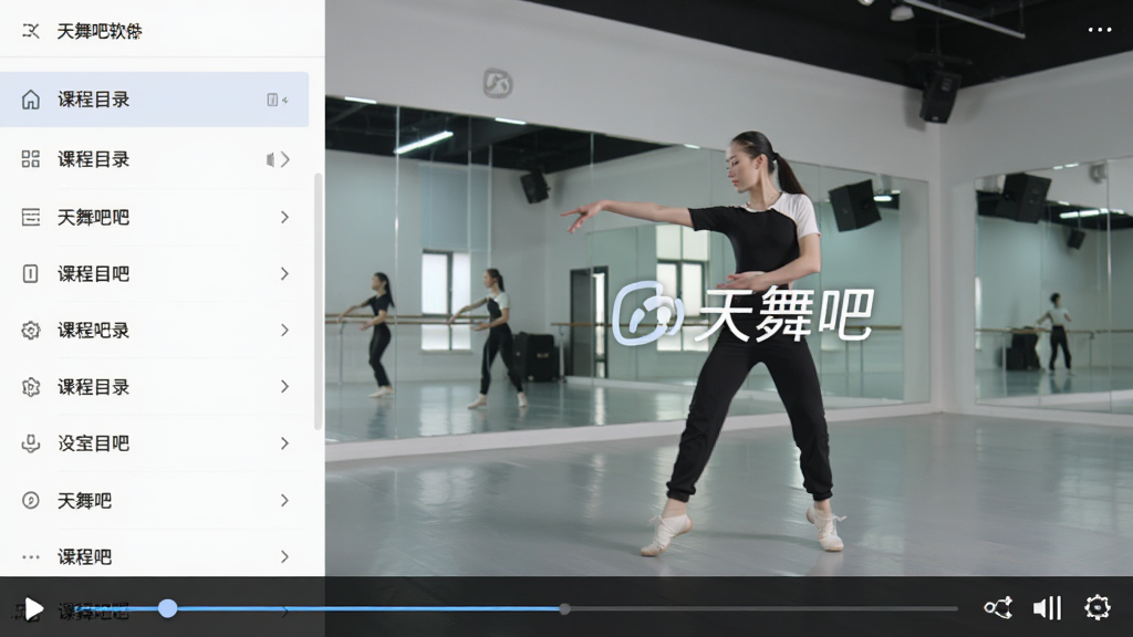 天舞吧软件内舞蹈教学页面的截图风格图片,画面主体是一位舞者在镜面舞蹈教室中示范动作,屏幕左侧显示课程目录列表,右侧是视频播放区域,底部有进度条和控制按钮,画面中带有