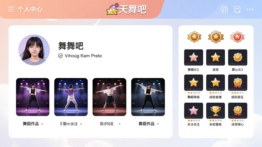天舞吧个人主页界面示意图,画面展示用户头像、昵称、舞蹈作品缩略图、粉丝关注数据、等级徽章和成就墙,顶部有