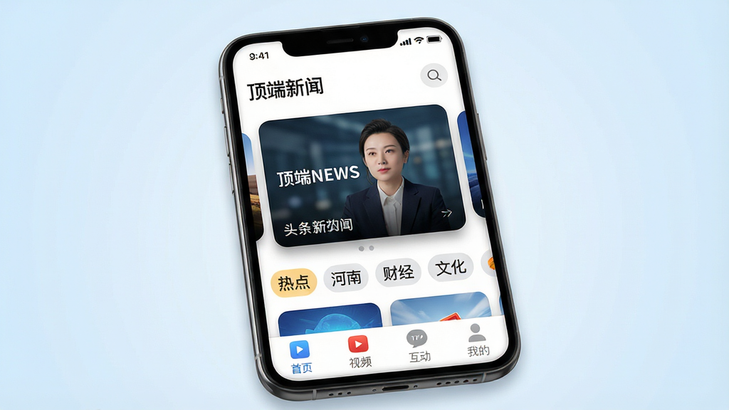 一张展示顶端新闻APP核心界面的手机模型图,主体为一部竖屏智能手机,屏幕中显示顶端新闻客户端首页,顶部有“顶端新闻”字样和搜索图标,中部为头条新闻大图轮播卡片,下方依次排列热点、河南、财经、文化等频道标签,底部为首页、视频、互动、我的四个导航按钮。布局采用居中构图,手机略微倾斜展现立体感,背景为浅蓝色渐变干净背景。风格为现代科技感UI展示风格,细节包括新闻卡片阴影、图标圆角、状态栏时间信号电池图标。画质高清,干净,无多余元素。