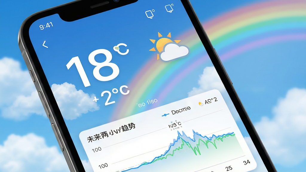 准雨天气应用主界面展示,手机屏幕中显示巨大的温度数字和天气图标,背景是蓝天白云和彩虹,界面布局清晰,包含未来两小时降雨趋势图,风格清新科技,细节丰富,画质高清,干净,无多余元素