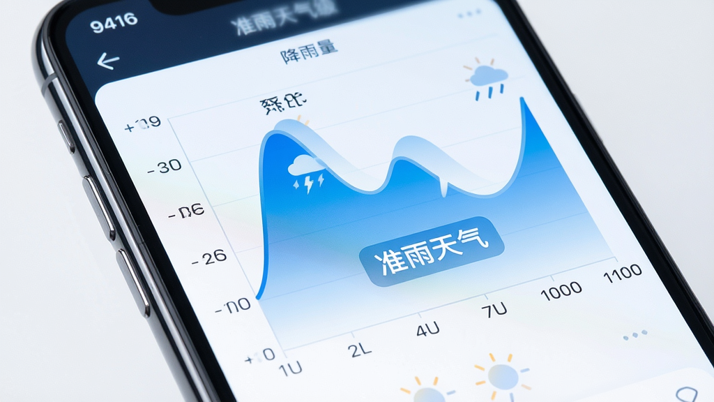 准雨天气分钟级降水预报界面特写,手机屏幕显示一条波浪形的降雨曲线图,横轴是时间,纵轴是降雨量,曲线下方有蓝色渐变填充,标注着“准雨天气”文字,界面风格科技感强,细节清晰,画质高清,干净,无多余元素