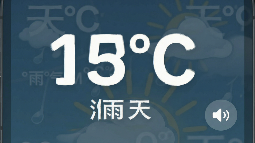 准雨天气大字版界面展示,手机屏幕显示超大号的温度数字和天气文字,字体加粗醒目,背景简洁,有语音播报按钮图标,风格清晰易读,细节丰富,画质高清,干净,无多余元素